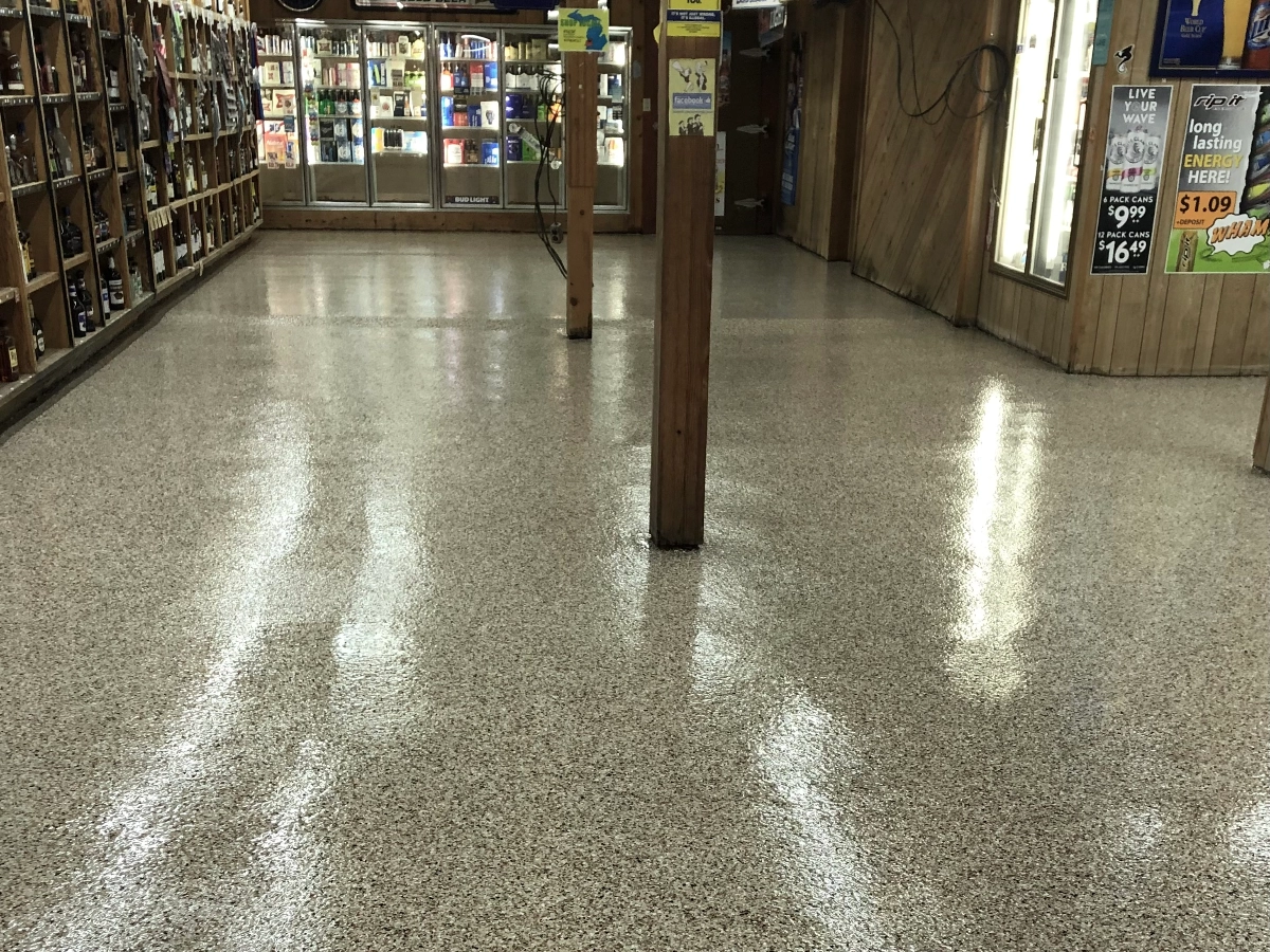 Gas station finished with a durable flake epoxy floor